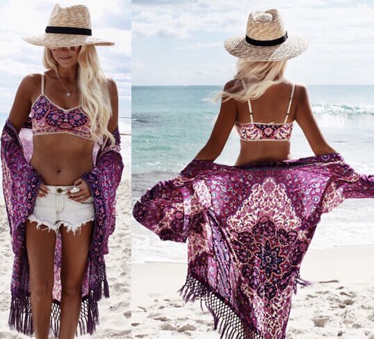 Chiffon Beach Resort Wear Purple Orientation Flower Beach Bikini - Resting Beach Face