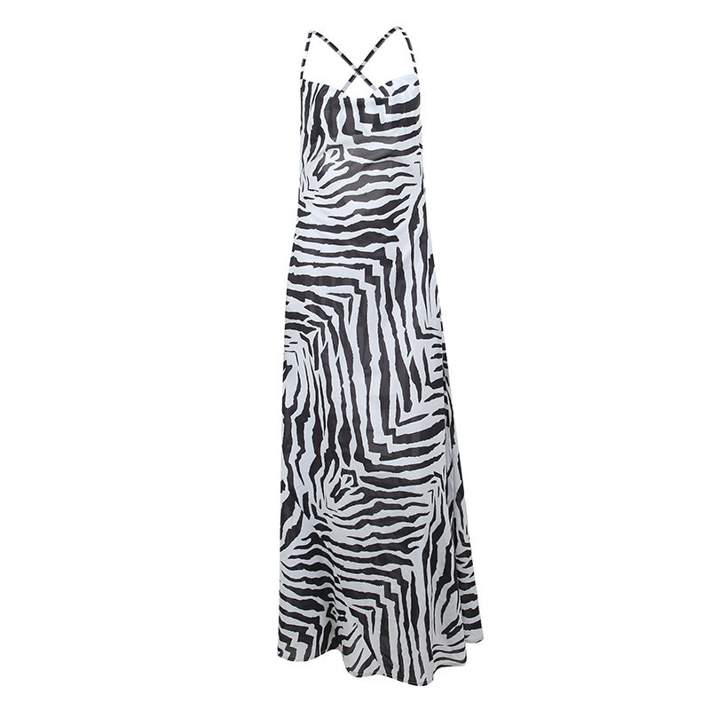 Resort Personality Zebra Print Temperament Slit Slip Dress - Resting Beach Face