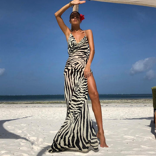 Resort Personality Zebra Print Temperament Slit Slip Dress - Resting Beach Face