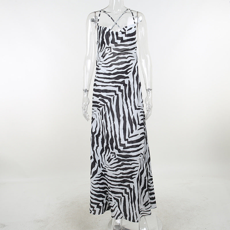 Resort Personality Zebra Print Temperament Slit Slip Dress - Resting Beach Face